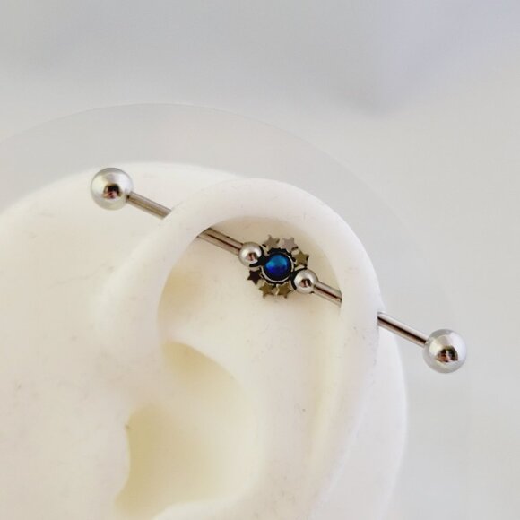 14G Blue opal stars Industrial Barbell NWT Externally Threaded Balls - Picture 1 of 7